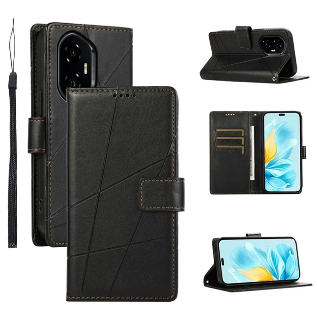 For Honor 300 Phone Case Line Imprint Leather Wallet Cover - Black