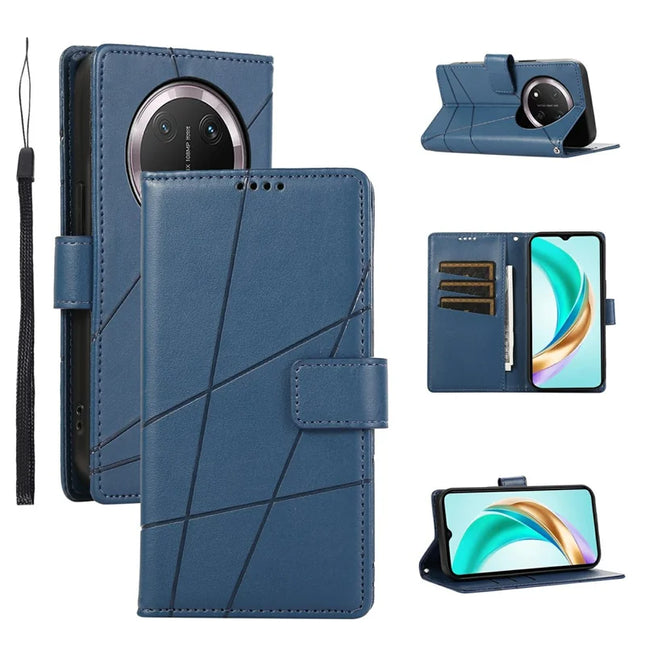 DF-06 For Honor Magic7 Lite 5G / X9c 5G / X60 Pro 5G Phone Case Line Imprint Leather Wallet Cover - Blue