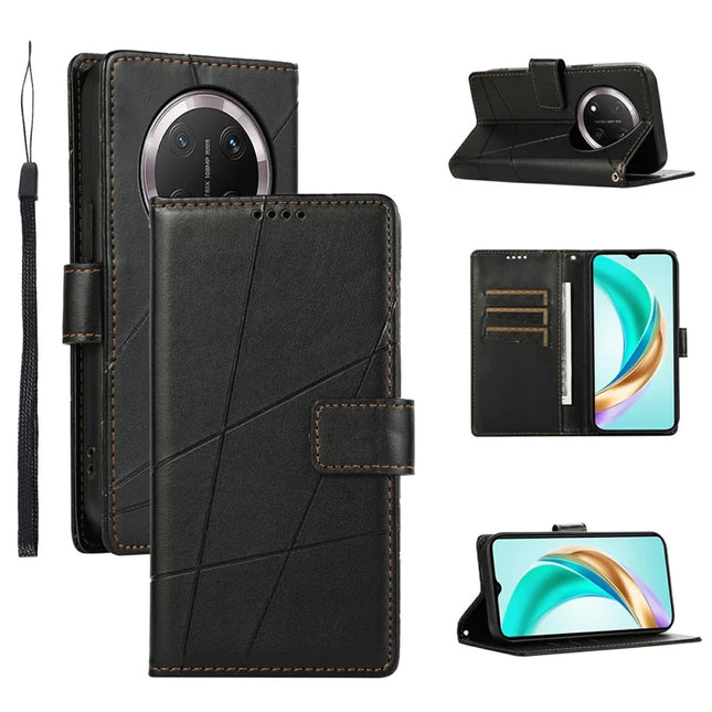 DF-06 For Honor Magic7 Lite 5G / X9c 5G / X60 Pro 5G Phone Case Line Imprint Leather Wallet Cover - Black