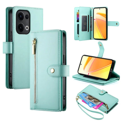 DF-011 For Oppo Reno13 5G (Global) Case Zipper Pocket Wallet Leather Phone Cover with Straps - Mint Green