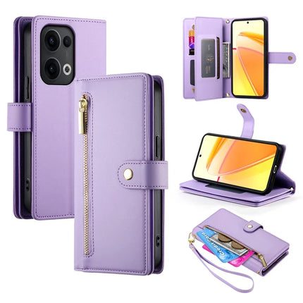 DF-011 For Oppo Reno13 5G (Global) Case Zipper Pocket Wallet Leather Phone Cover with Straps - Purple