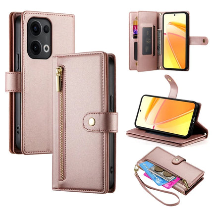 DF-011 For Oppo Reno13 Pro 5G Case Zipper Pocket Wallet Leather Phone Cover with Straps - Pink