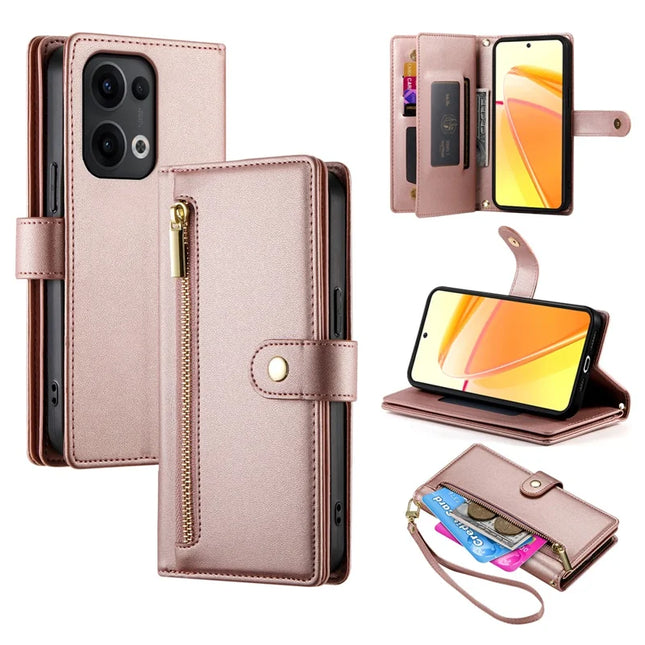 DF-011 For Oppo Reno13 Pro 5G Case Zipper Pocket Wallet Leather Phone Cover with Straps - Pink