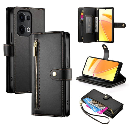 DF-011 For Oppo Reno13 Pro 5G Case Zipper Pocket Wallet Leather Phone Cover with Straps - Black