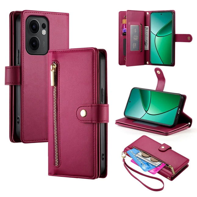 DF-011 For Oppo Reno13 F 5G Case Zipper Pocket Wallet Leather Phone Cover with Straps - Red