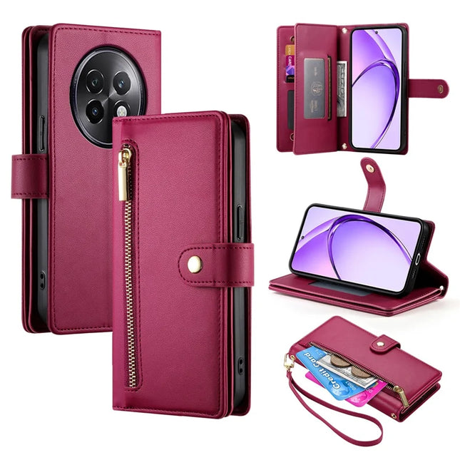 DF-011 For Realme 13+ 5G / 13 Pro 5G (China) Case Zipper Pocket Wallet Leather Phone Cover with Straps - Red
