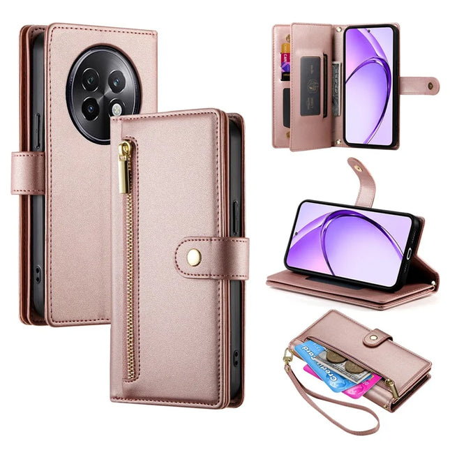 DF-011 For Realme 13+ 5G / 13 Pro 5G (China) Case Zipper Pocket Wallet Leather Phone Cover with Straps - Pink