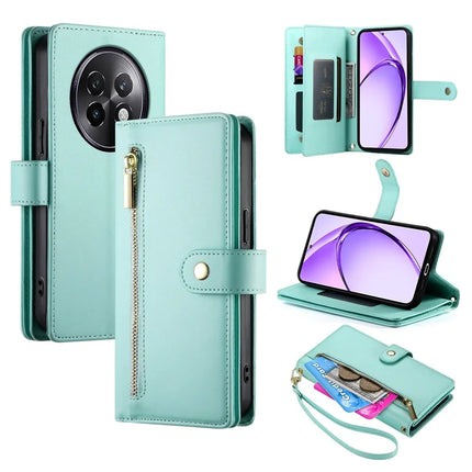 DF-011 For Realme 13+ 5G / 13 Pro 5G (China) Case Zipper Pocket Wallet Leather Phone Cover with Straps - Mint Green