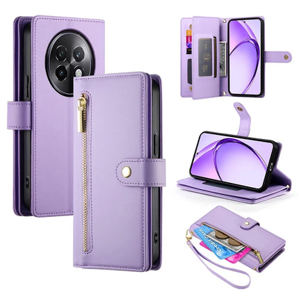 DF-011 For Realme 13+ 5G / 13 Pro 5G (China) Case Zipper Pocket Wallet Leather Phone Cover with Straps - Purple