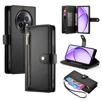 DF-011 For Realme 13+ 5G / 13 Pro 5G (China) Case Zipper Pocket Wallet Leather Phone Cover with Straps - Black