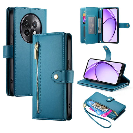 DF-011 For Realme 13+ 5G / 13 Pro 5G (China) Case Zipper Pocket Wallet Leather Phone Cover with Straps - Blue