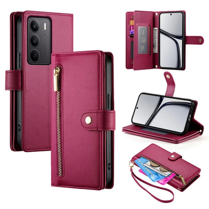 DF-011 For Realme V60 Pro / C75 Case Zipper Pocket Wallet Leather Phone Cover with Straps - Red