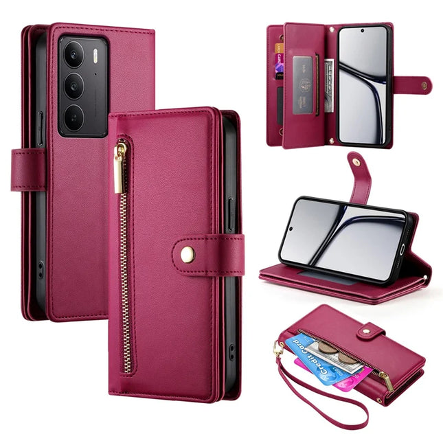 DF-011 For Realme V60 Pro / C75 Case Zipper Pocket Wallet Leather Phone Cover with Straps - Red