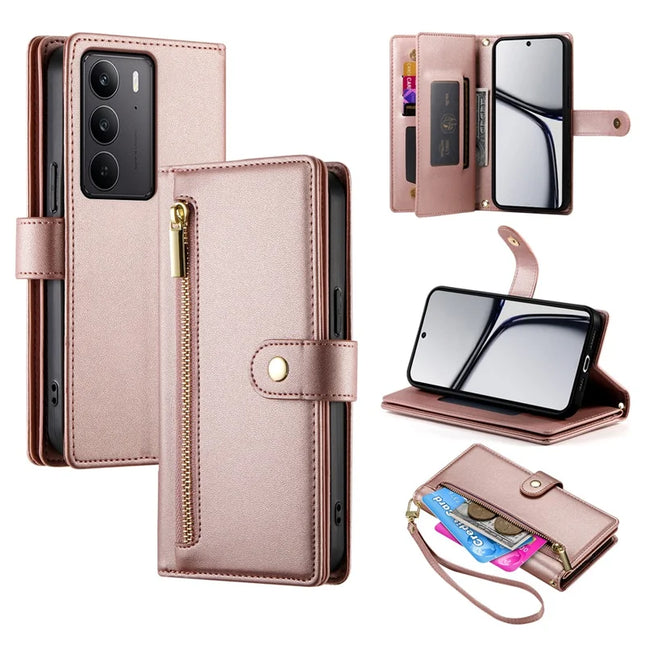 DF-011 For Realme V60 Pro / C75 Case Zipper Pocket Wallet Leather Phone Cover with Straps - Pink
