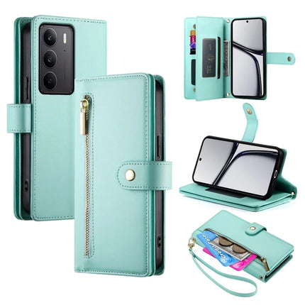 DF-011 For Realme V60 Pro / C75 Case Zipper Pocket Wallet Leather Phone Cover with Straps - Mint Green