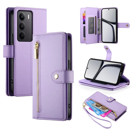 DF-011 For Realme V60 Pro / C75 Case Zipper Pocket Wallet Leather Phone Cover with Straps - Purple
