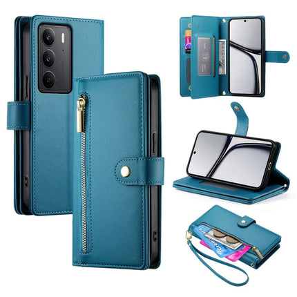 DF-011 For Realme V60 Pro / C75 Case Zipper Pocket Wallet Leather Phone Cover with Straps - Blue