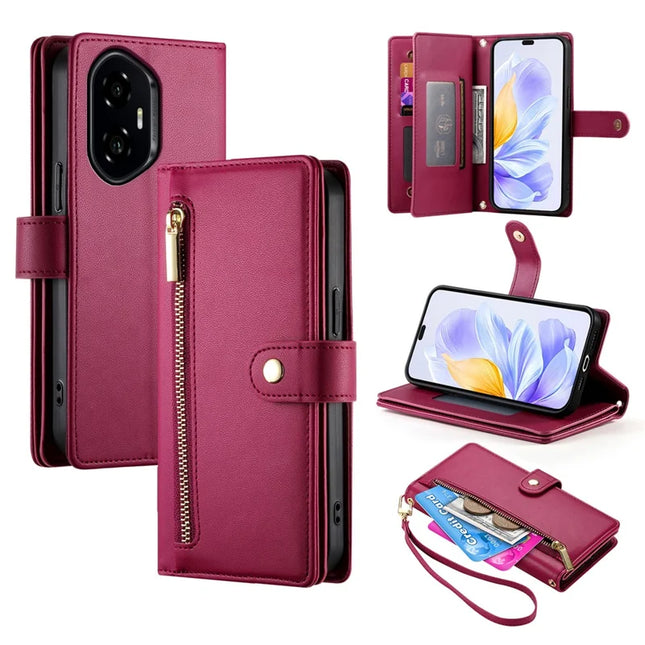 DF-011 For Honor 300 Case Zipper Pocket Wallet Leather Phone Cover with Straps - Red