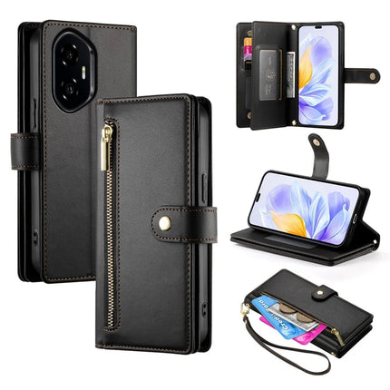 DF-011 For Honor 300 Case Zipper Pocket Wallet Leather Phone Cover with Straps - Black