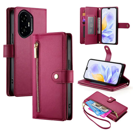 DF-011 For Honor 300 Pro / 300 Ultra Case Zipper Pocket Wallet Leather Phone Cover with Straps - Red
