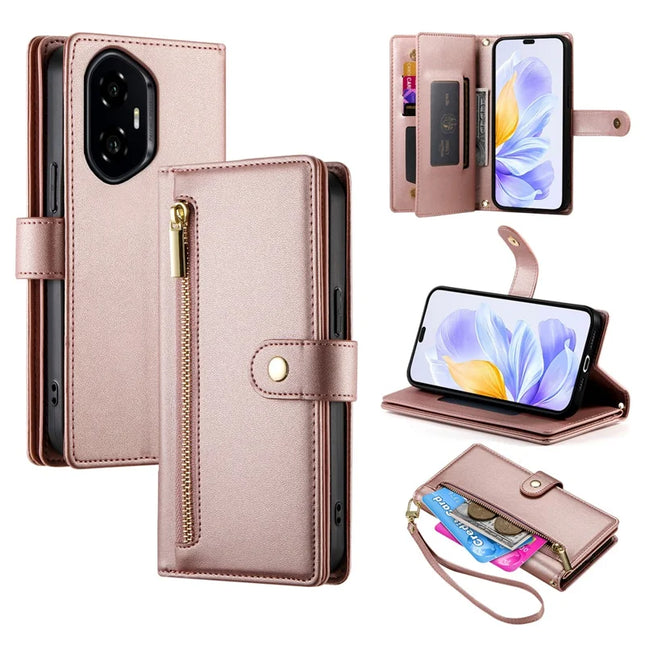 DF-011 For Honor 300 Pro / 300 Ultra Case Zipper Pocket Wallet Leather Phone Cover with Straps - Pink