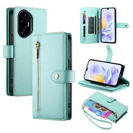 DF-011 For Honor 300 Pro / 300 Ultra Case Zipper Pocket Wallet Leather Phone Cover with Straps - Mint Green