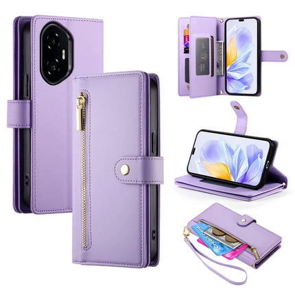 DF-011 For Honor 300 Pro / 300 Ultra Case Zipper Pocket Wallet Leather Phone Cover with Straps - Purple