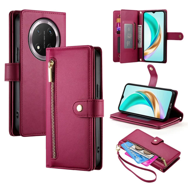 DF-011 For Honor Magic7 Lite 5G / X9c 5G / X60 Pro 5G Case Zipper Pocket Wallet Leather Phone Cover with Straps - Red