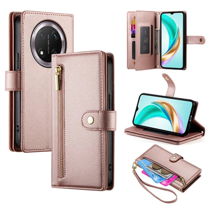 DF-011 For Honor Magic7 Lite 5G / X9c 5G / X60 Pro 5G Case Zipper Pocket Wallet Leather Phone Cover with Straps - Pink