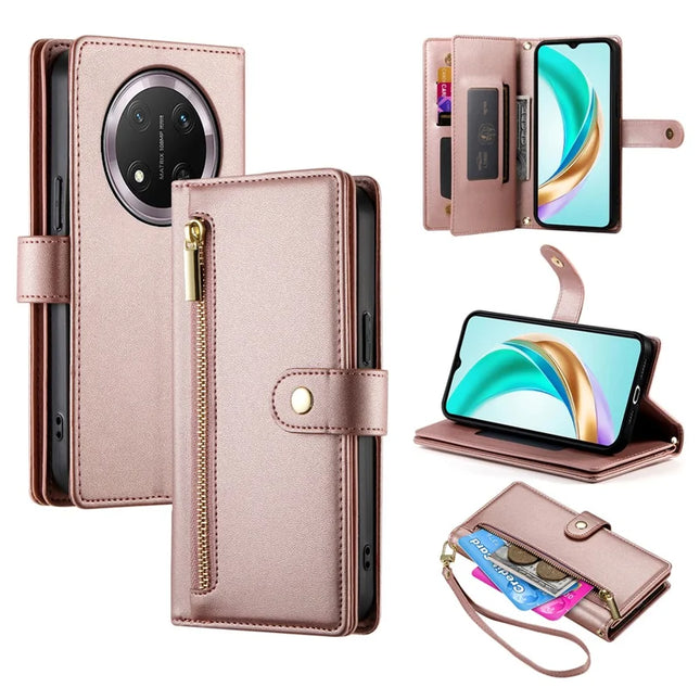 DF-011 For Honor Magic7 Lite 5G / X9c 5G / X60 Pro 5G Case Zipper Pocket Wallet Leather Phone Cover with Straps - Pink