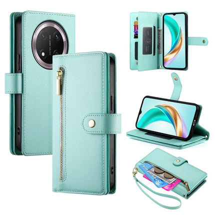 DF-011 For Honor Magic7 Lite 5G / X9c 5G / X60 Pro 5G Case Zipper Pocket Wallet Leather Phone Cover with Straps - Mint Green