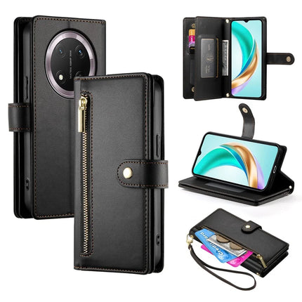 DF-011 For Honor Magic7 Lite 5G / X9c 5G / X60 Pro 5G Case Zipper Pocket Wallet Leather Phone Cover with Straps - Black