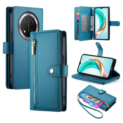 DF-011 For Honor Magic7 Lite 5G / X9c 5G / X60 Pro 5G Case Zipper Pocket Wallet Leather Phone Cover with Straps - Blue