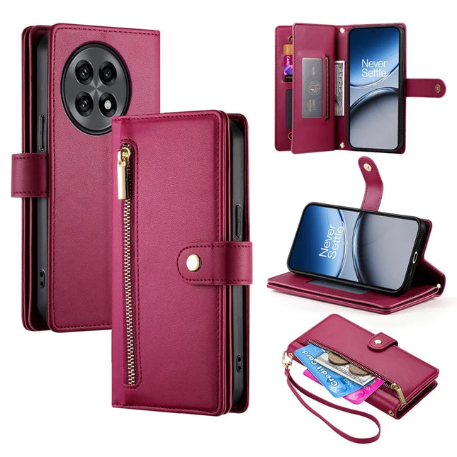 DF-011 For OnePlus 13R 5G Case Zipper Pocket Wallet Leather Phone Cover with Straps - Red
