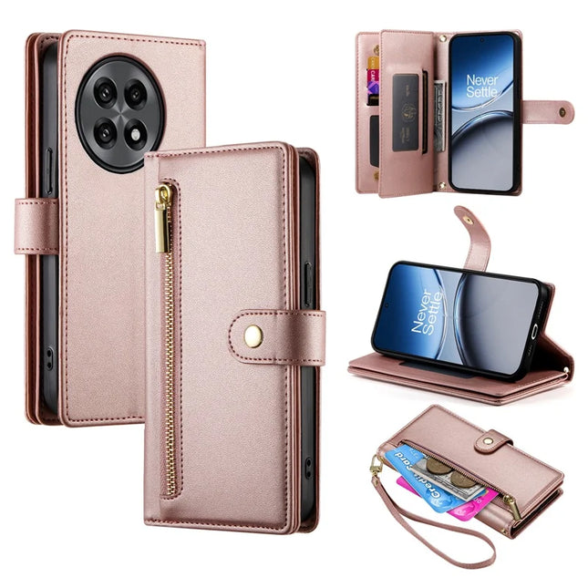 DF-011 For OnePlus 13R 5G Case Zipper Pocket Wallet Leather Phone Cover with Straps - Pink