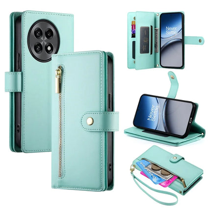 DF-011 For OnePlus 13R 5G Case Zipper Pocket Wallet Leather Phone Cover with Straps - Mint Green
