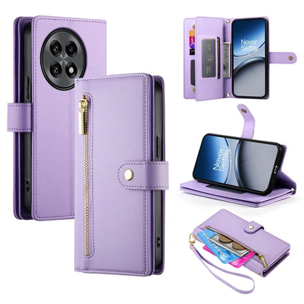 DF-011 For OnePlus 13R 5G Case Zipper Pocket Wallet Leather Phone Cover with Straps - Purple