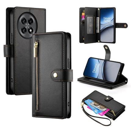 DF-011 For OnePlus 13R 5G Case Zipper Pocket Wallet Leather Phone Cover with Straps - Black