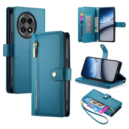 DF-011 For OnePlus 13R 5G Case Zipper Pocket Wallet Leather Phone Cover with Straps - Blue