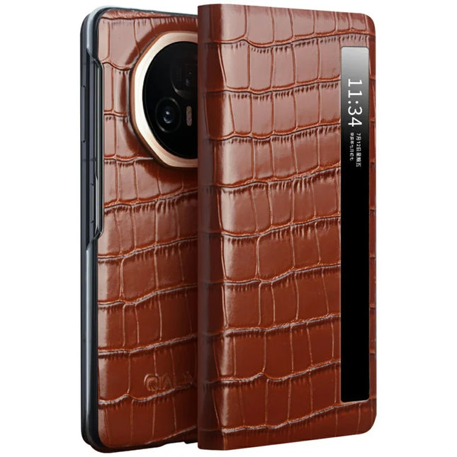 QIALINO For Honor Magic V3 5G Case Smart View Window Genuine Cow Leather Phone Cover - Brown