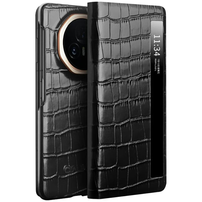 QIALINO For Honor Magic V3 5G Case Smart View Window Genuine Cow Leather Phone Cover - Black