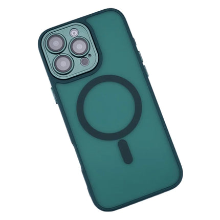 For iPhone 16 Pro Max Magnetic Case with Lens Film / Detachable Lens Frame Hybrid Phone Back Cover - Dark Green