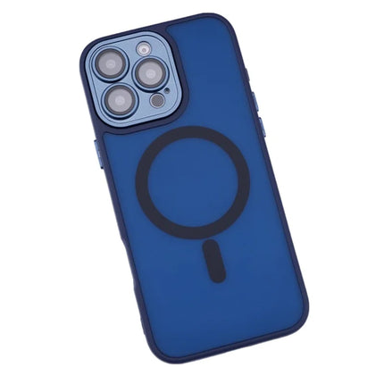 For iPhone 16 Pro Magnetic Case with Lens Film / Detachable Lens Frame Hybrid Phone Back Cover - Navy Blue