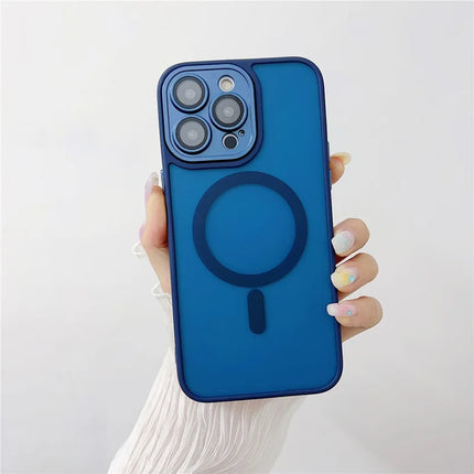 For iPhone 15 Pro Max Magnetic Case with Lens Film  /  Detachable Lens Frame Hybrid Phone Back Cover - Dark Blue