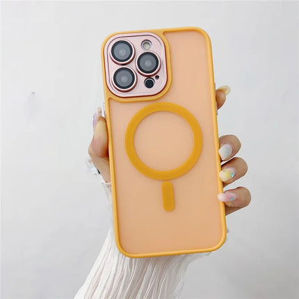 For iPhone 15 Pro Max Magnetic Case with Lens Film  /  Detachable Lens Frame Hybrid Phone Back Cover - Orange