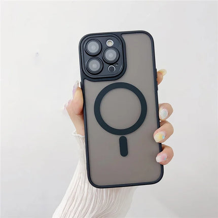 For iPhone 15 Pro Max Magnetic Case with Lens Film  /  Detachable Lens Frame Hybrid Phone Back Cover - Black