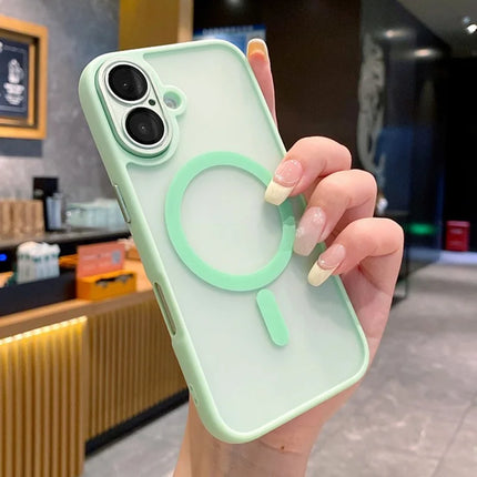 For iPhone 16 Plus Magnetic Case with Lens Film  /  Detachable Lens Frame Hybrid Phone Back Cover - Mint Green