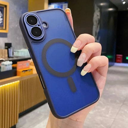 For iPhone 16 Plus Magnetic Case with Lens Film  /  Detachable Lens Frame Hybrid Phone Back Cover - Dark Blue