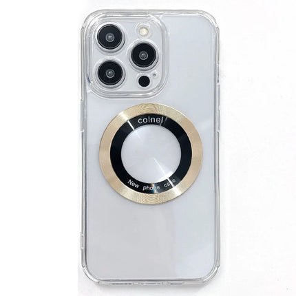 For iPhone 15 Pro Max Magnetic Case Clear Back Phone Cover TPU + PC with Ring Logo View - Gold