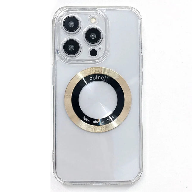For iPhone 15 Pro Max Magnetic Case Clear Back Phone Cover TPU + PC with Ring Logo View - Gold